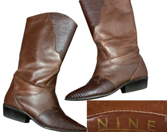 1990s Nine West Faux Snake Brown Leather Mid Calf Boots / Women’s 6.5