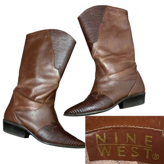 1990s Nine West Faux Snake Brown Leather Mid Calf… - image 1