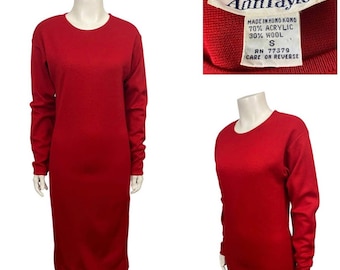 1980s Ann Taylor Bright Red Knit Wool Fitted Sweater Dress / Women’s Small *