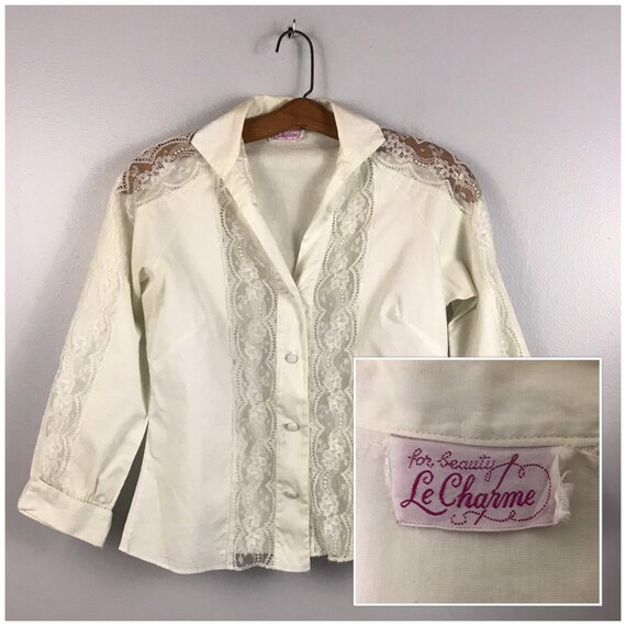 1950s Blouse / 50s White Lace Panel Button Up Shir