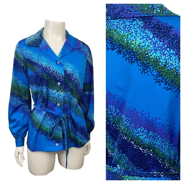 1970s Disco Blaue Regenbogen Streifen Bluse mit Krawatte / Women’s Medium