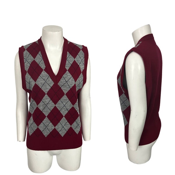 Années 1980 Argyle Acrylique V Neck Sweater Vest Jumper / Femme Petit *