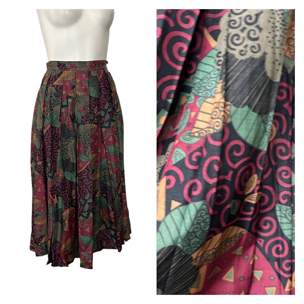 Vintage 1980s Silk Full Pleated Midi Skirt with Vibrant Print / Size 6