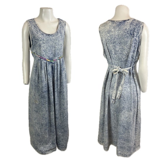 Vintage Acid Wash Sleeveless Denim Dress Tie Back… - image 3