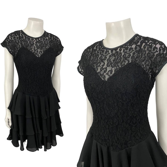 1990s Black Lace Tiered Party Dress Gothic Sleeve… - image 1