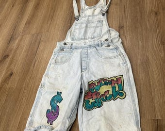 Vintage Denim Short Overalls Graffiti Hand Painted 90s Y2K Hip Hop Size XS -