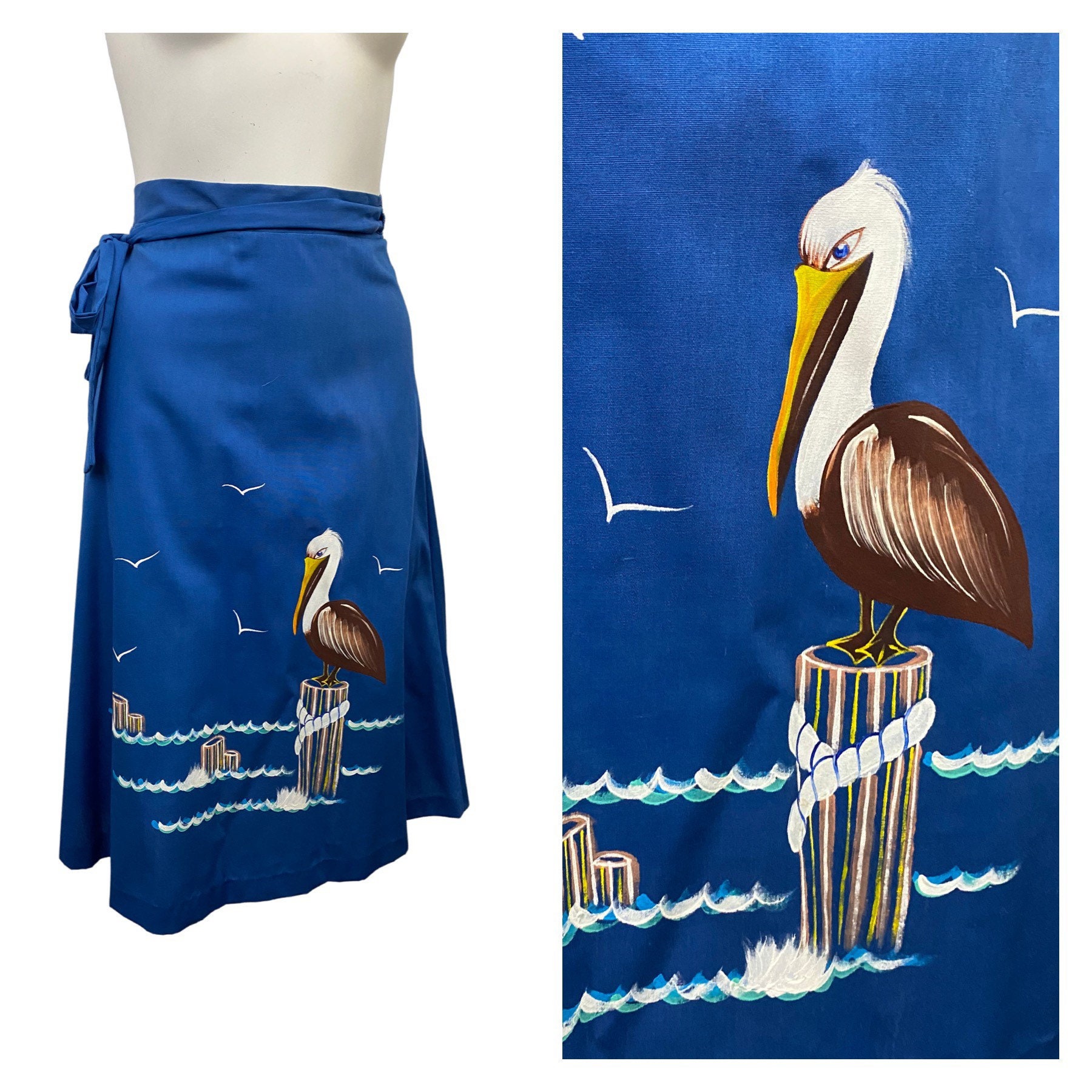 1970s Hippie Wrap Skirt / Blue Pelican Ocean Novelty Print - Etsy
