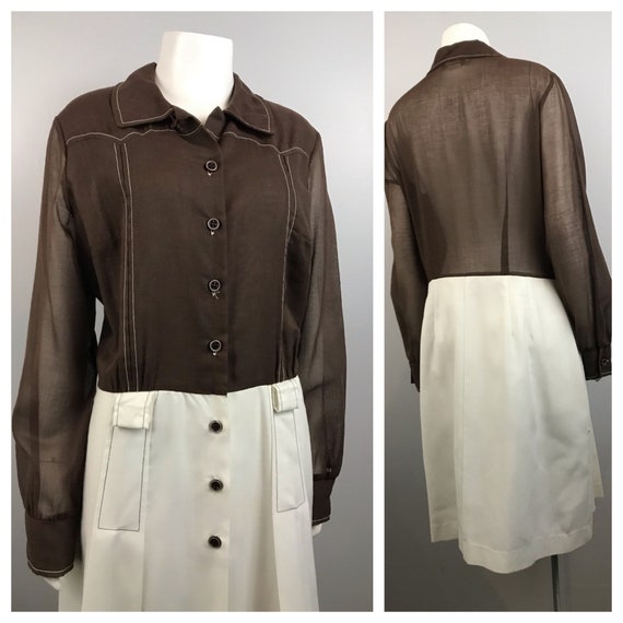 1960s Dress / Brown & White Color Block Button Up