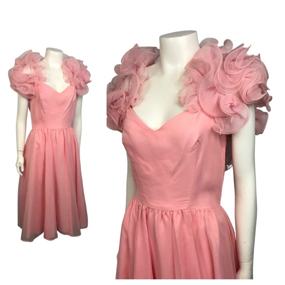 1960s Pink Ruffled Dress / Dramatic Sleeves Goddes