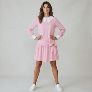 pink long sleeve dress with white collar Pink Dress With White Collar