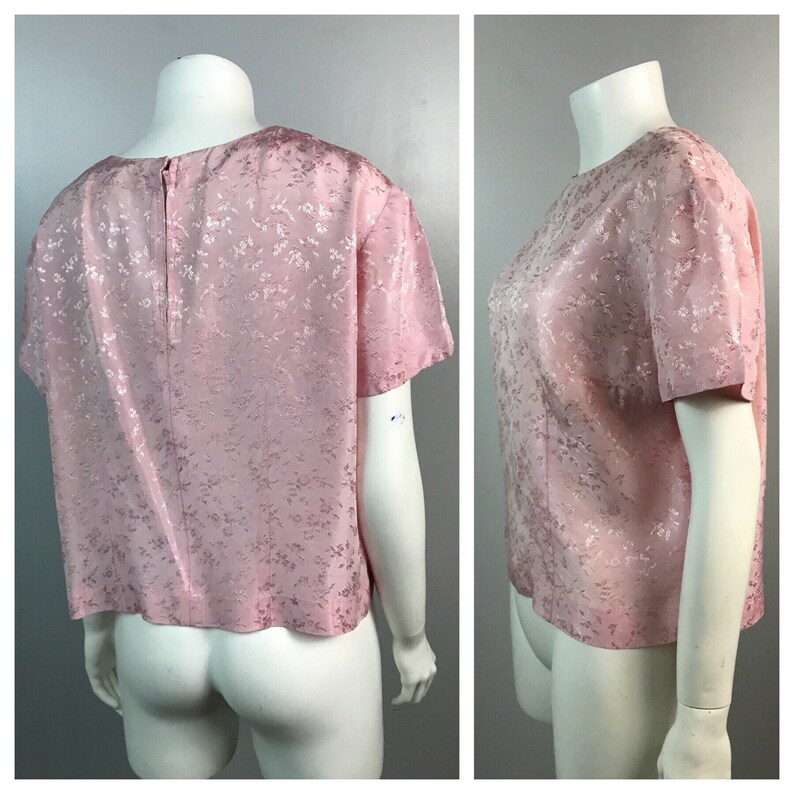 Vintage 1950s 1960s Pink Floral Embroidery Cropped Top Blouse Short Sleeve Women\u2019s Large 50s 60s Pinup Rockabilly Rayon Shirt