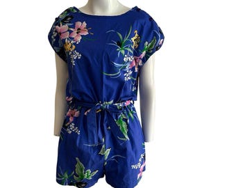 Vintage Blue Floral Romper Belted Button Shoulder Cotton Playsuit USA M -