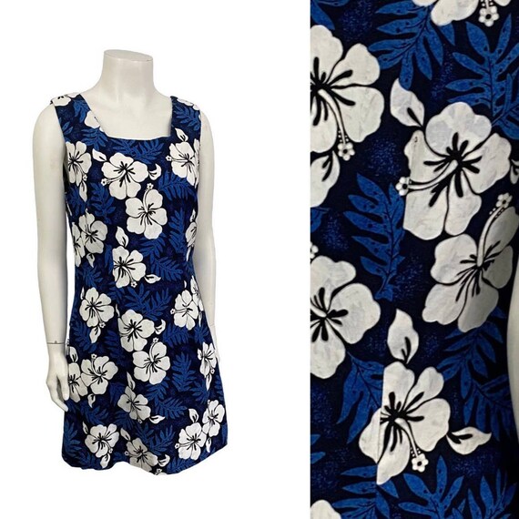 Vintage Blue Floral Cotton Sleeveless Mini Hawaii… - image 1