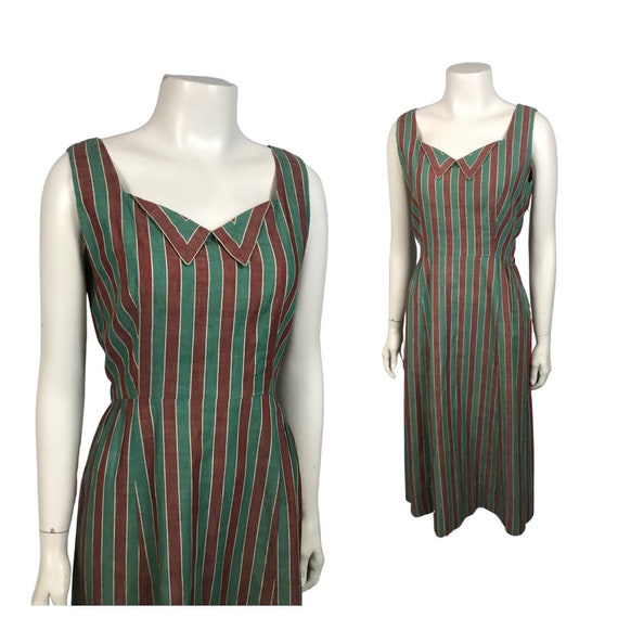 1950s Sleeveless Dress / Green Stripe Cotton Wiggl