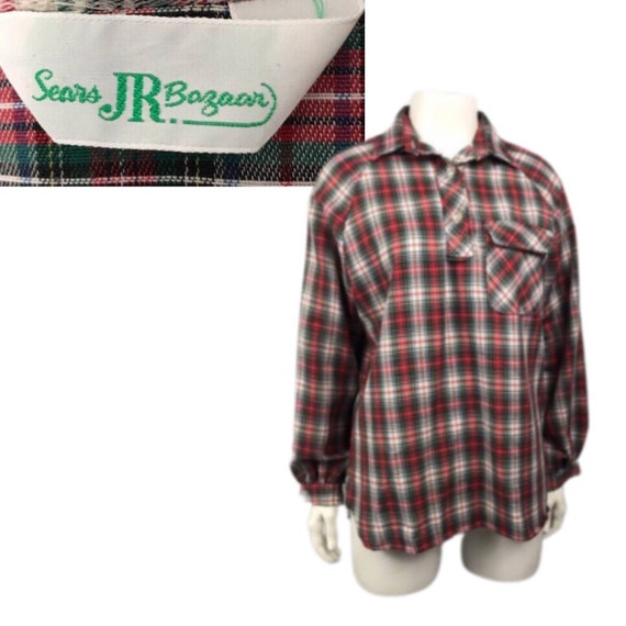 1970s Sears Red Plaid Long Sleeve Shirt Top / Wom… - image 1