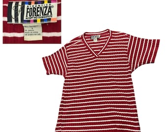 1980s Forenza Stripe V Neck Ribbed Oversized Shirt / Women’s Small