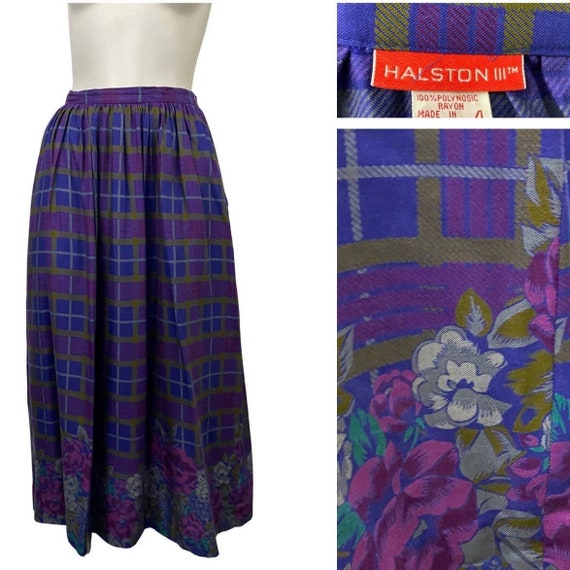 1980s Designer Halston Purple Plaid Midi Skirt / W