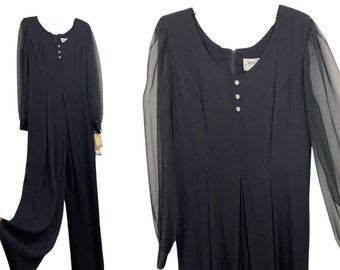 NWT 1990s Black Palazzo Jumpsuit with Sheer Long Sleeves / 10T Large Tall