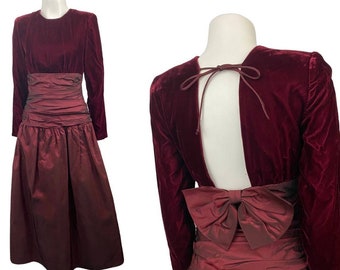 1980s Burgundy Velvet Taffeta Party Dress  / Women’s XS *