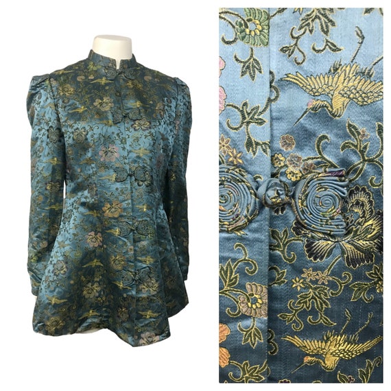 1930s Chinese Jacket Top / Blue Silk Bird Flower B