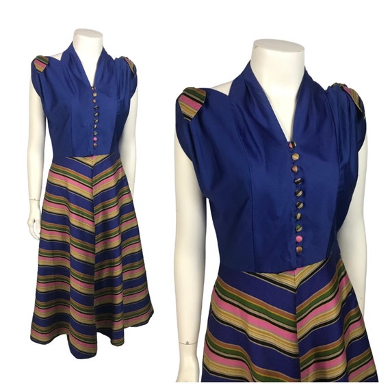 1940s Sleeveless Halter Top Dress / 40s Pinup Stri