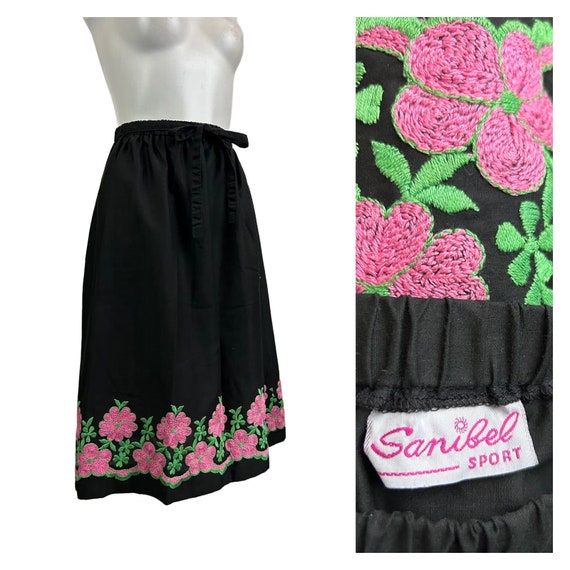 1970s Black and Pink Floral Embroidery Borddr Pri… - image 1