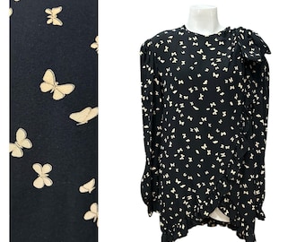 Vintage Valentino Silk Butterfly Print Long Blouse Asymmetrical Mini / Size 14 -