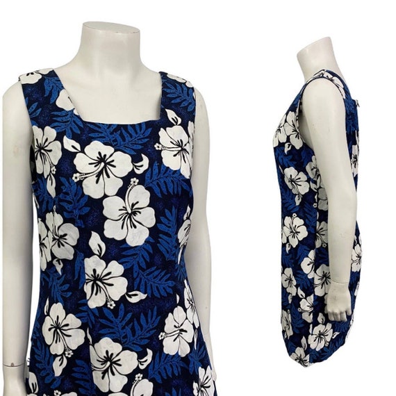 Vintage Blue Floral Cotton Sleeveless Mini Hawaii… - image 5