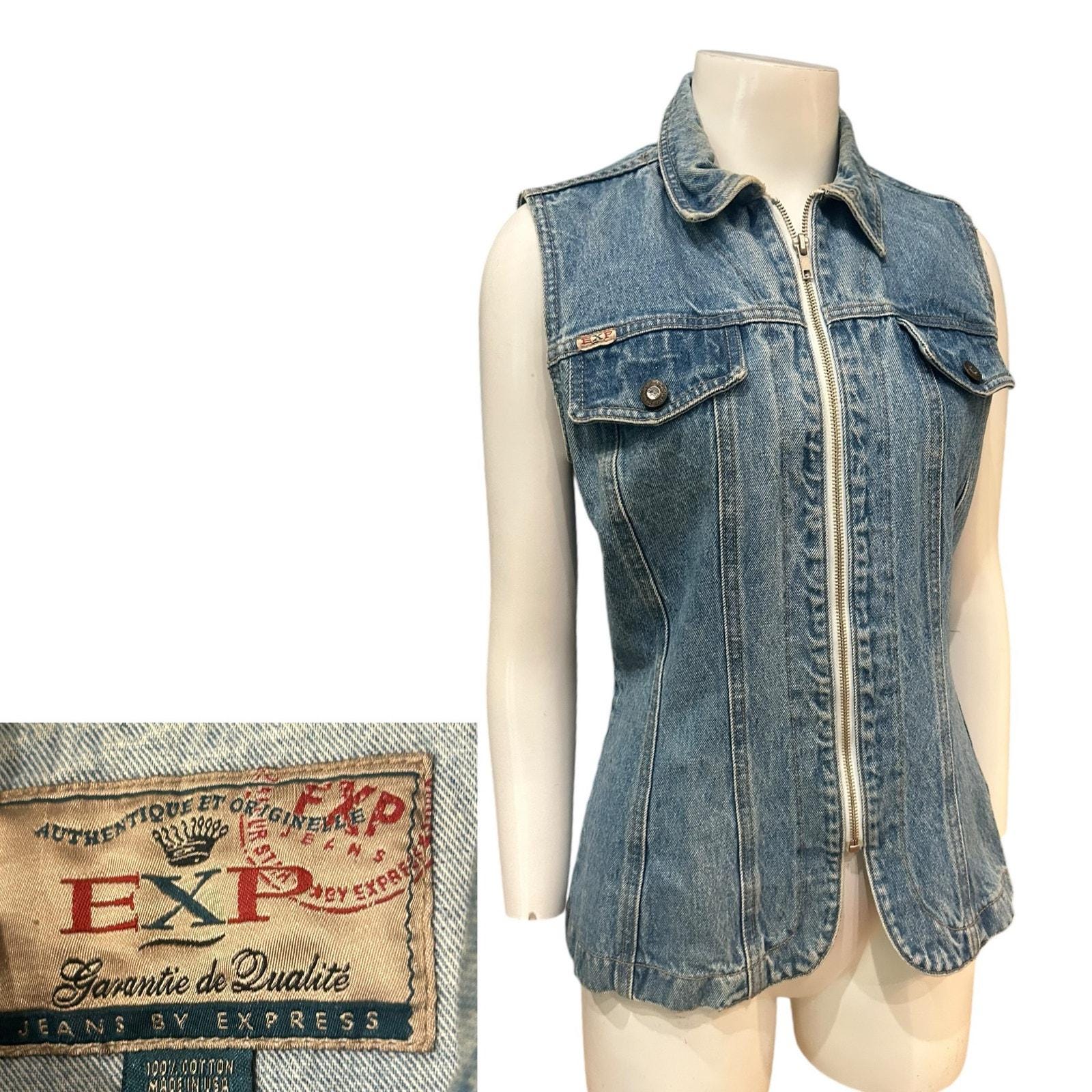 Vintage 1990s Express Denim Vest / Zip up Jean Jacket Vest