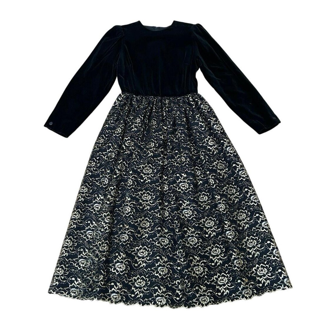 Vintage 80s Black Velvet Lace Dress Gold Floral Maxi Size Small Party ...
