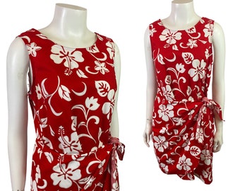 1990s Sarong Hawaiian Dress / Red Floral Wrap Sleeveless Dress / Women’s Medium