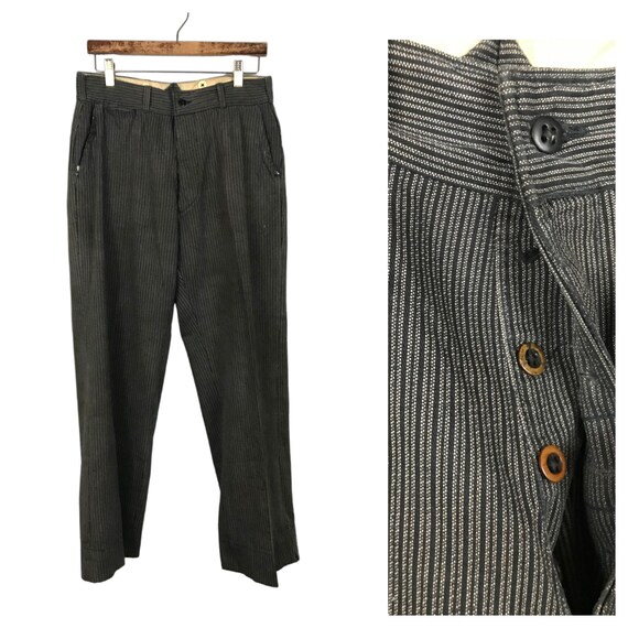 1930s Button Fly Work Pants / 30s Black White Stri