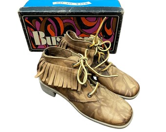 Vintage Buskens Fringe Ankle Boots Brown Leather Boho 70s Style Womens 6M -