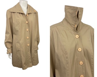 1980s Khaki Jacket Raincoat / Funnel Neck Button Up Long Coat / Women’s Large