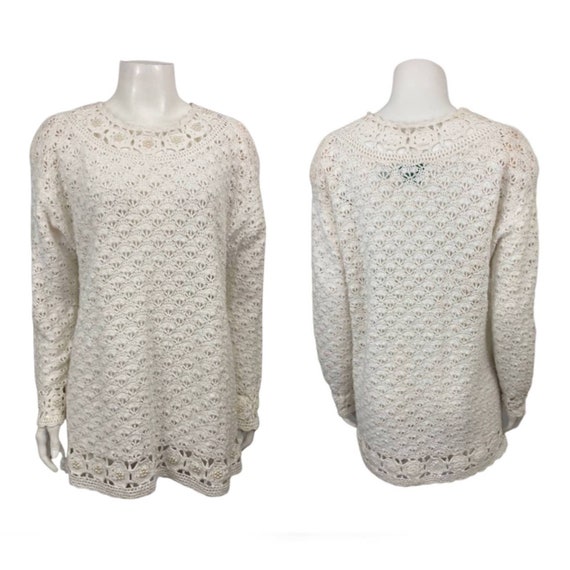 Vintage White Crochet Beaded Knit Sweater Hand Kn… - image 3