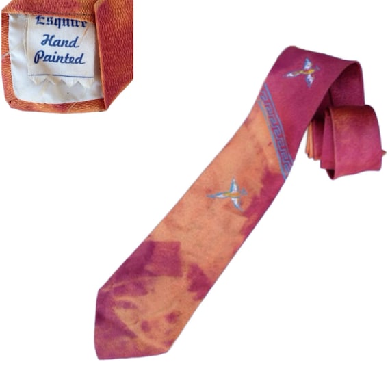 1950s Hand Painted Novelty Print Silk Necktie Wit… - image 1