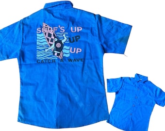 1990s Surf Beach Button Down Shirt Short Sleeves / Boys Age 8 - 10 *