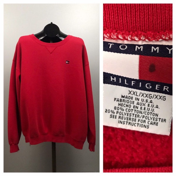 1990s Tommy Hilfiger Sweatshirt / 90s V Stitch Bright Red Cotton Blend Sweatshirt / Men's XXL