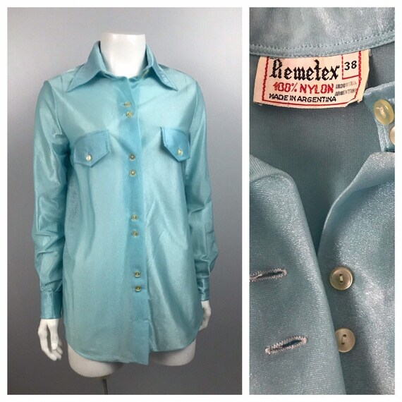 1970s Disco Shirt / Ice Blue Sheer 
