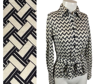 1960s Button Up Collared Pop Art Basketweave Shirt Top / XS *