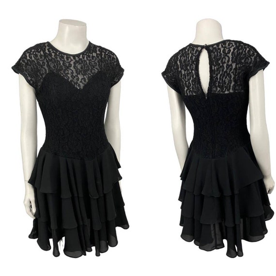 1990s Black Lace Tiered Party Dress Gothic Sleeve… - image 3