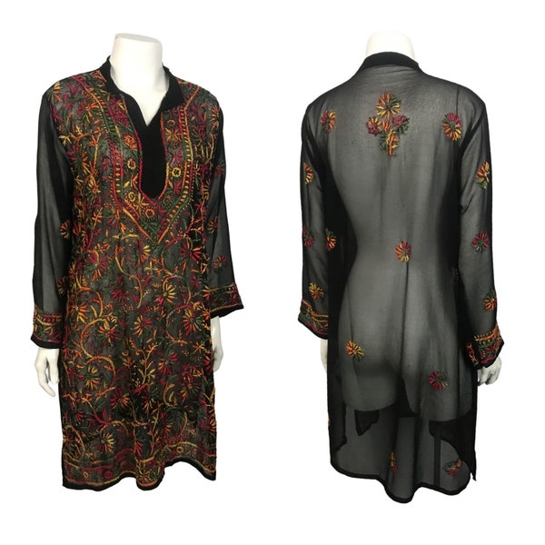 Vintage Embroidery Tunic Dress / Black Sheer Rainbow Flapper Dress / Women’s Medium