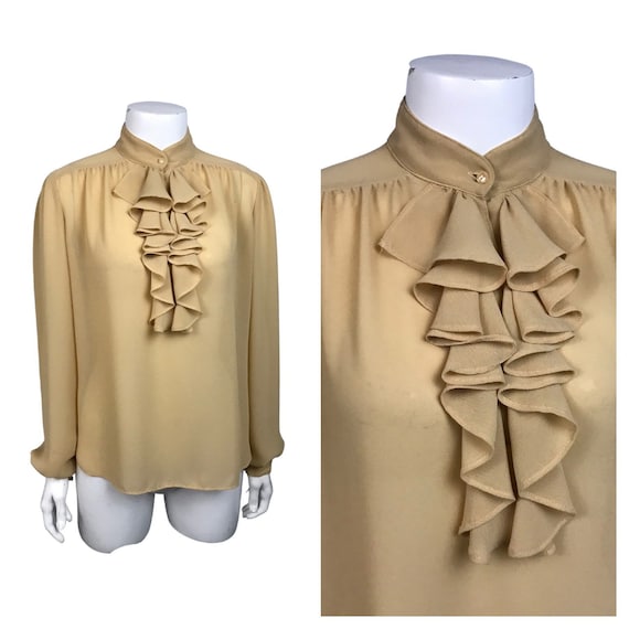 1980s Ruffled Blouse / Beige Top with Ruffled Neck