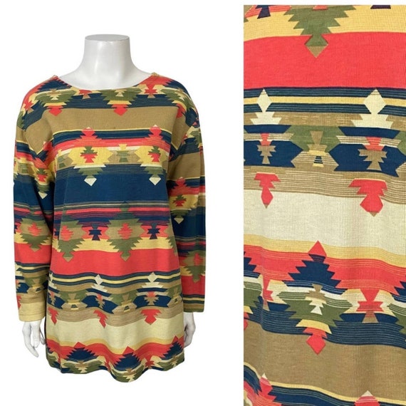 1990s Southwestern Print Stripe Pullover Shirt To… - image 2