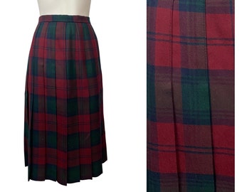 1990s Plaid Skirt / Red Plaid Pleated Wool Midi Skirt Catholic School Girl / Women’s Medium