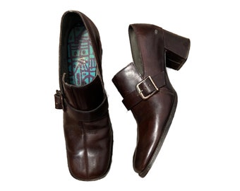 1960s Brown Leather Buckle Toe Mod Loafers Heel Shoes / Women’s 6 half N *