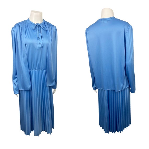 1970s Blue Sleeveless Dress Set / Pleated Dress w… - image 4