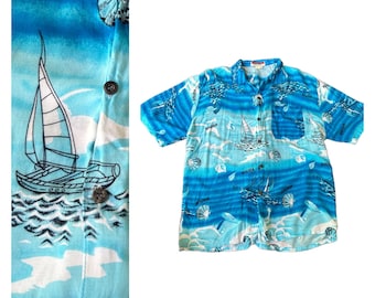 1990s Teal Caribbean Aloha Novelty Print Shirt Aruba Spellout / Men’s Large *
