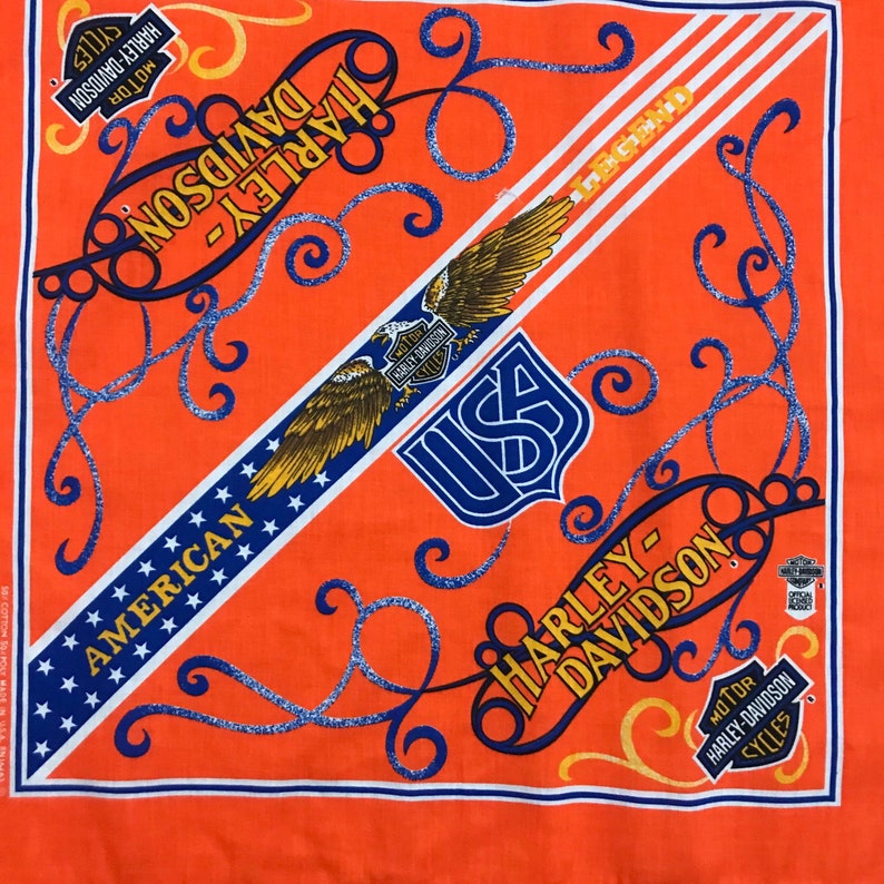 1980s Harley Davidson Bandana 80s Orange Bald Eagle Graphic Bandana Made in USA
