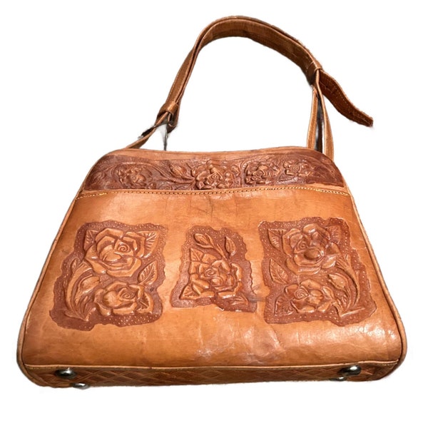 1970s Leather Rose Hand Tooled Purse Western Hippie Mexico Souvenir Handbag *